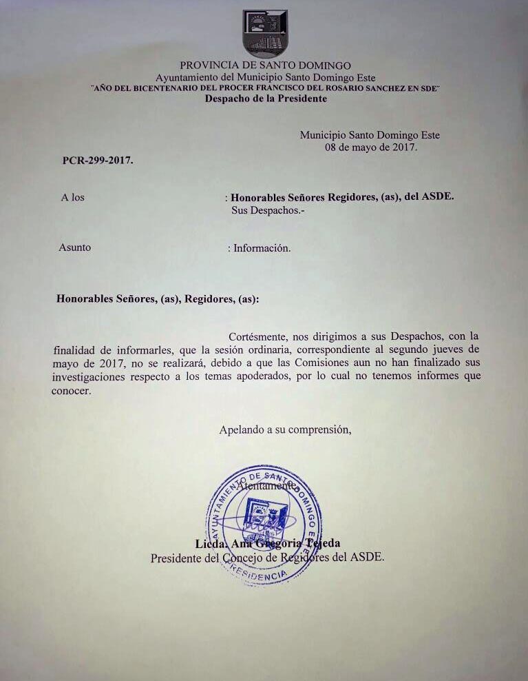 Comunicación de Ana Tejeda a sus colegas regidores.