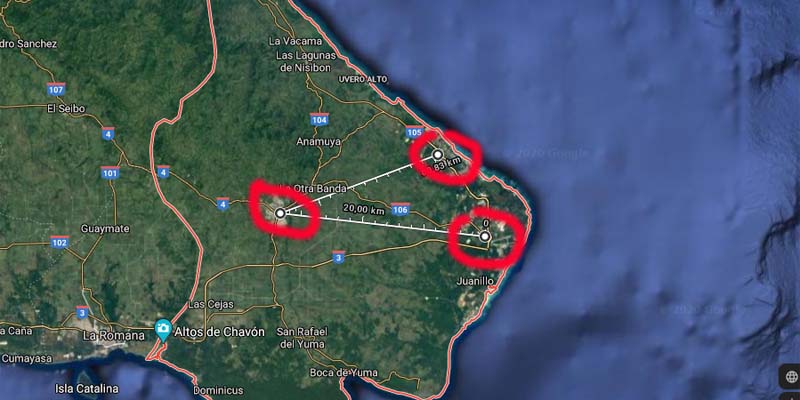 Las marcas rojas señalan a Higüey, Punta Cana y Bávaro