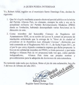 Comunicación en la que Robert Arias aclara que no pertenece a Alianza País, sino al PRM